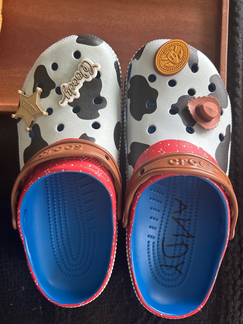 CROCS Men’s Cow-Print Clogs with Red Strap and Blue Insole